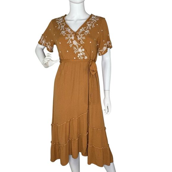 Baltic Born Midi Dress Macey Camel Floral Embroidered Tiered Boho Size S - Picture 1 of 8